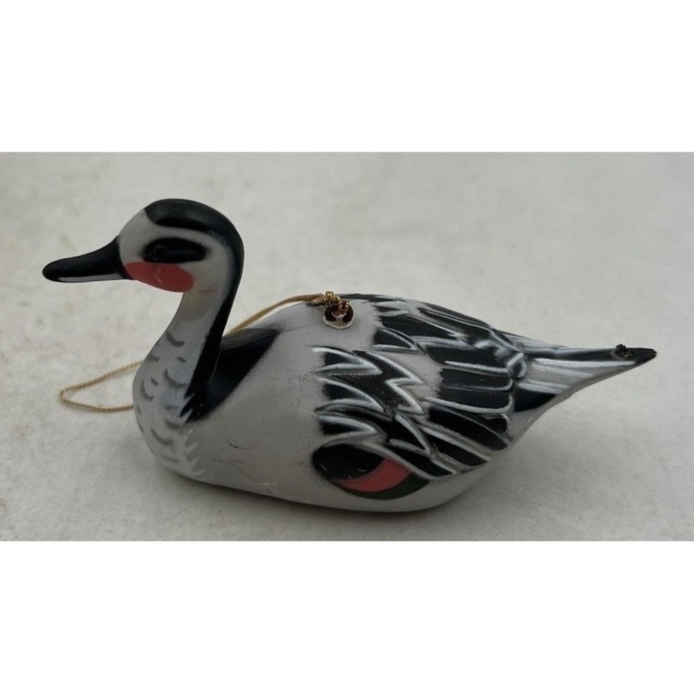 VTG Duck Ornament Hand Painted Miniature Waterfowl Figurine Black White Xmas